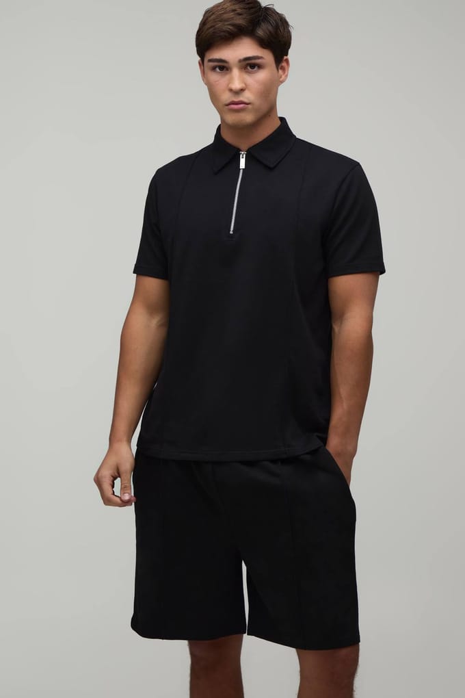 Regular Fit Polo En Short Set Met Naaddetail En 1/4 Rits | Black | Size Medium