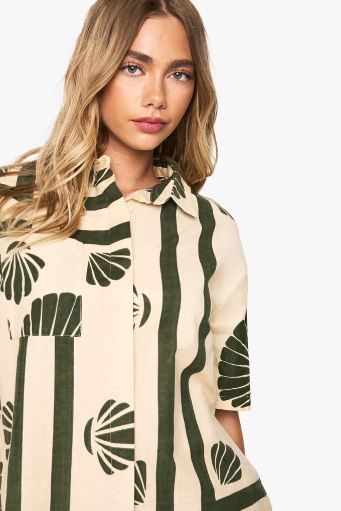 boohoo Dames Shell Print Linnen Resort Shirt | Ecru | Maat: 6