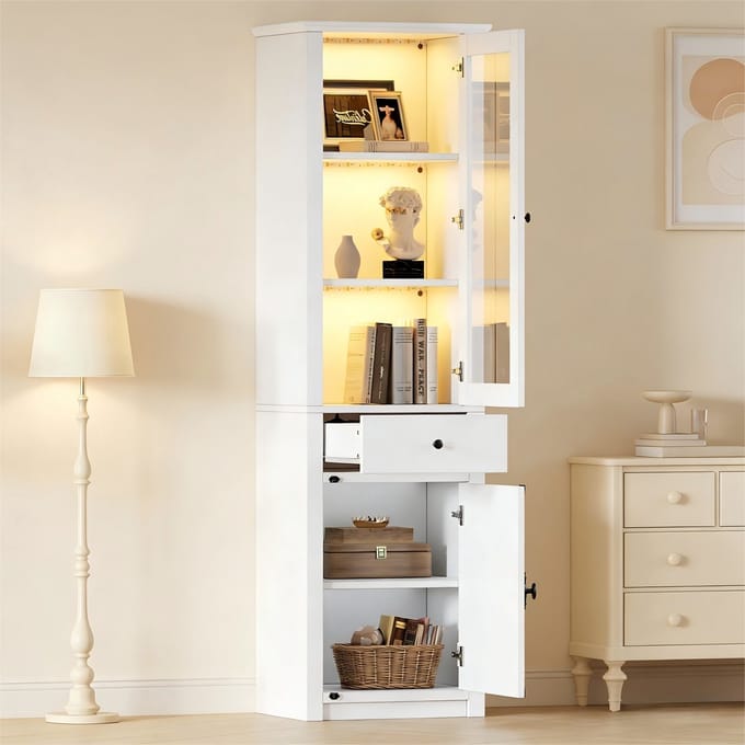 55x40x200cm kledingkast - vitrine met laden - glazen vitrine met LED-verlichting - wit