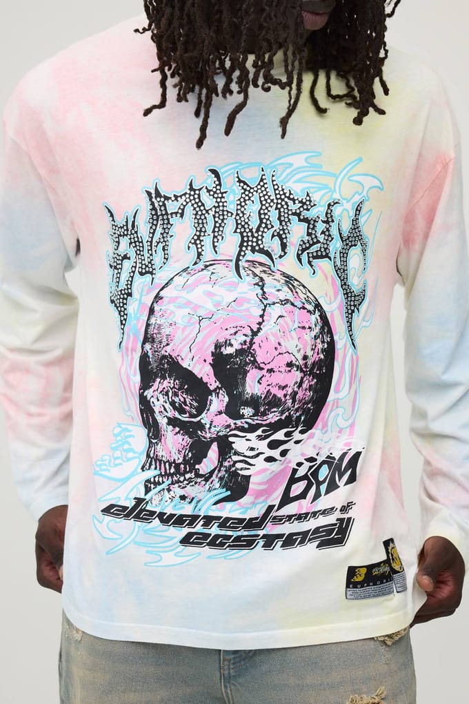 Oversized Euphoric Tie Dye Faux Graphic Rhinestone Long Sleeve T-Shirt | Size Medium
