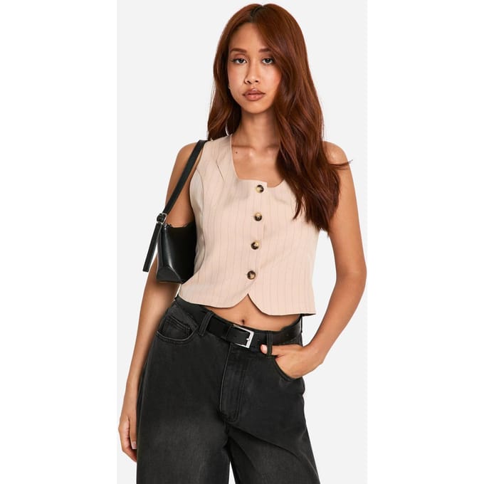boohoo Dames Pinstripe Vierkante Hals Cropvest | Camel | Maat: 6