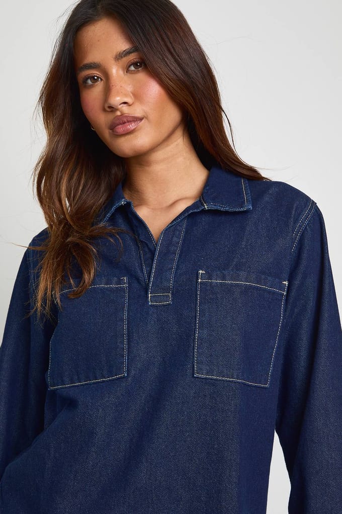 boohoo Dames Denim Rugby Shirt Met Kraag | Indigo | Maat: 8