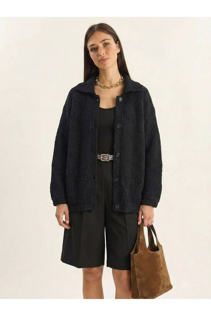 Gestructureerde Polo Kraag Knopen Cardigan