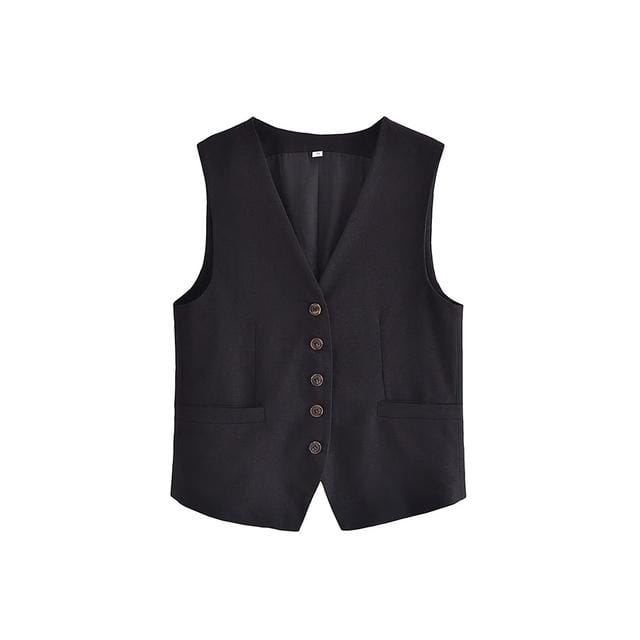 Willshela Damesmode Solid Single Breasted Vest Vintage V-hals Mouwloos Vrouwelijke Chic Lady Tank Tops L