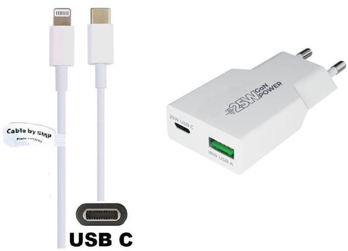 OneOne 25W snellader met 2 poorten + 0,95m OneOne USB C naar Lightning kabel. PD PPS lader. GAN oplader adapter past op Apple iPhone 11 Pro, iPhone 11 Pro Max, iPhone 12, iPhone 12 Mini, iPhone 12 Pro, iPhone 12 Pro Max, iPhone 13