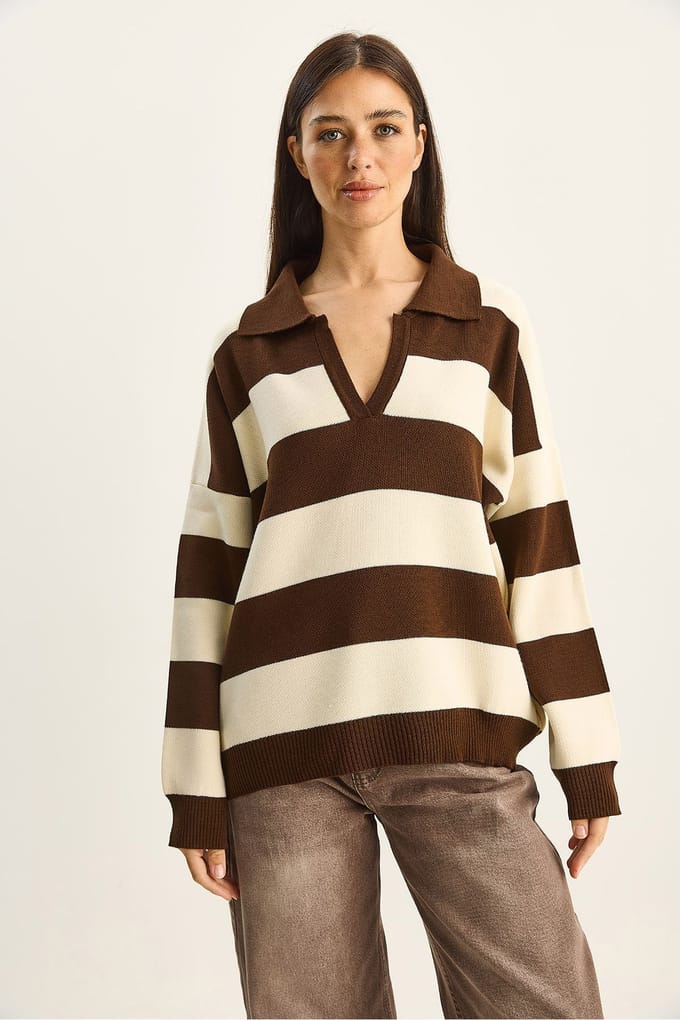Gestreepte V-hals Lange Mouwen Pullover Trui