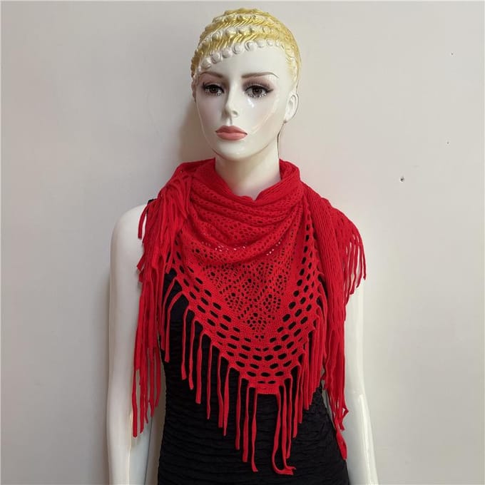 1pc Foulard Rond en Maille Creuse à Pompons rouge