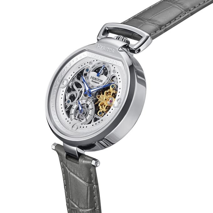 Heritor Automatic Lincoln Skeleton Horloge met Leren Band en Maanfase - Grijs