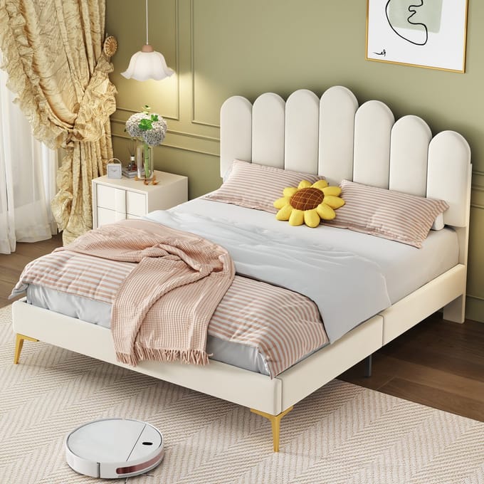 MODFU Bedframe 140x200 cm, beige fluweel, met verstelbaar hoofdbord en lattenbodem