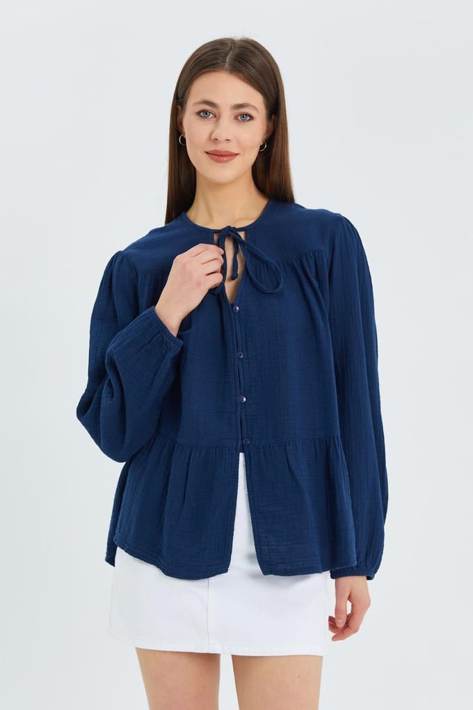 Lange Mouwen Ontspannen Pasvorm Blouse met Strikhals