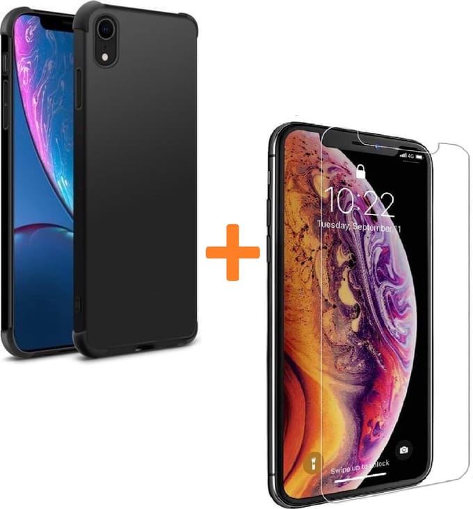 Shock-proof silicone hoesje Zwart met 2 Pack Tempered glas Screen Protector Geschikt voor: iPhone XR