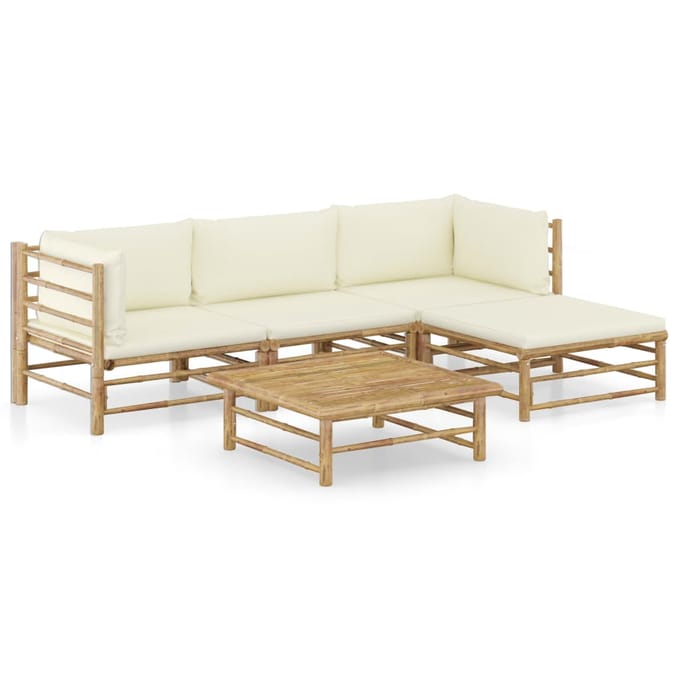 vidaXL - 5-delige - Loungeset - met - crèmewitte - kussens - bamboe