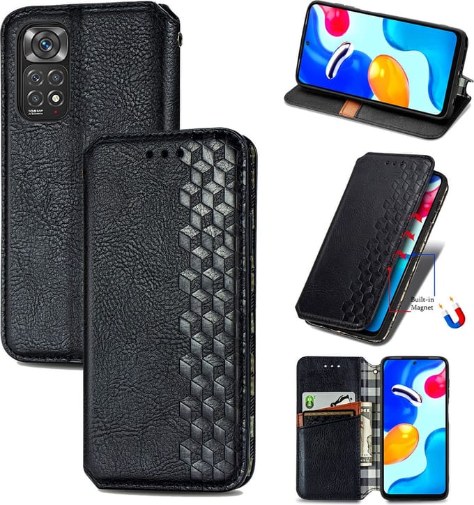 Luxe PU Lederen Ruitpatroon Wallet Case + Screenprotector voor Xiaomi Redmi Note 11 / 11s _ Zwart