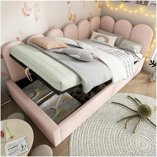 Merax Kinderbed met opbergruimte en bekleding - 90 x 190 cm - Fluweel + Metaal + Multiplex - Roze