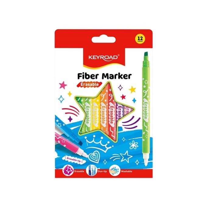 Keyroad Uitwisbare Fiber Markers, 12 Stuks, Mix Kleuren