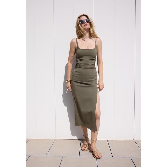 Stradivarius Midi-jurk van Bengaline met vierkante halslijn  Kaki M