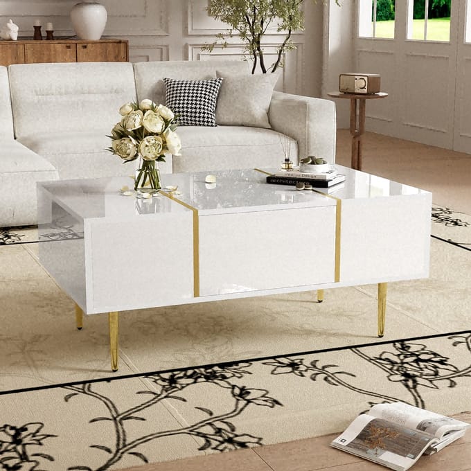 Sweiko Hoogglans salontafel, 2 laden, minimalistisch, wit