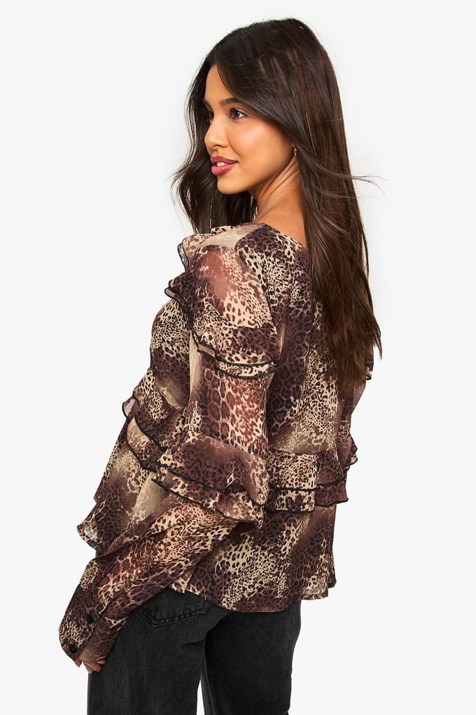boohoo Dames Luipaard chiffon blouse met ruches | Leopard | Maat: 6