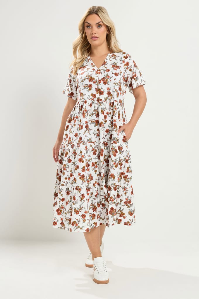 Yours Ivoorwitte Jurk Met Bloemenprint En Gelaagde Rok Size 42