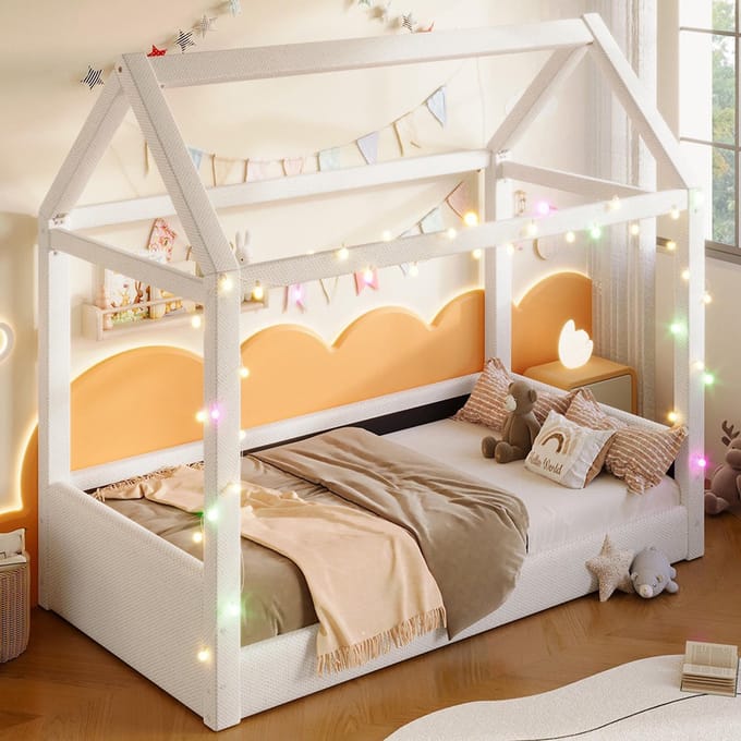 Pugsdrly Gestoffeerd dagbed (90 x 200 cm) met led-verlichting, beige