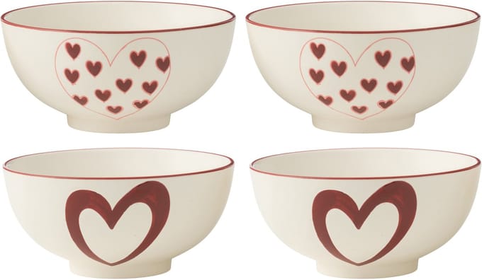 J-Line kom Hart - porselein - wit/rood - large - 2 dozen van 2 stuks