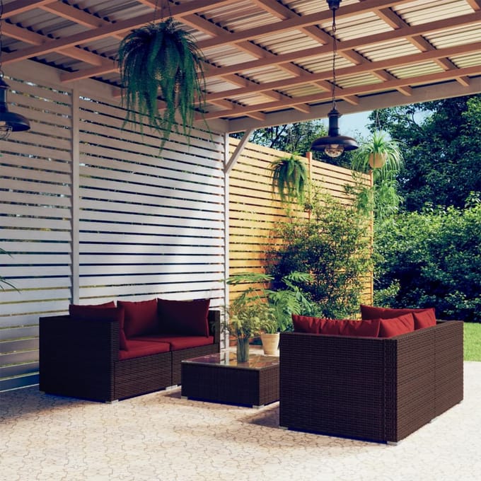 vidaXL - 5-delige - Loungeset - met - kussens - poly - rattan - bruin