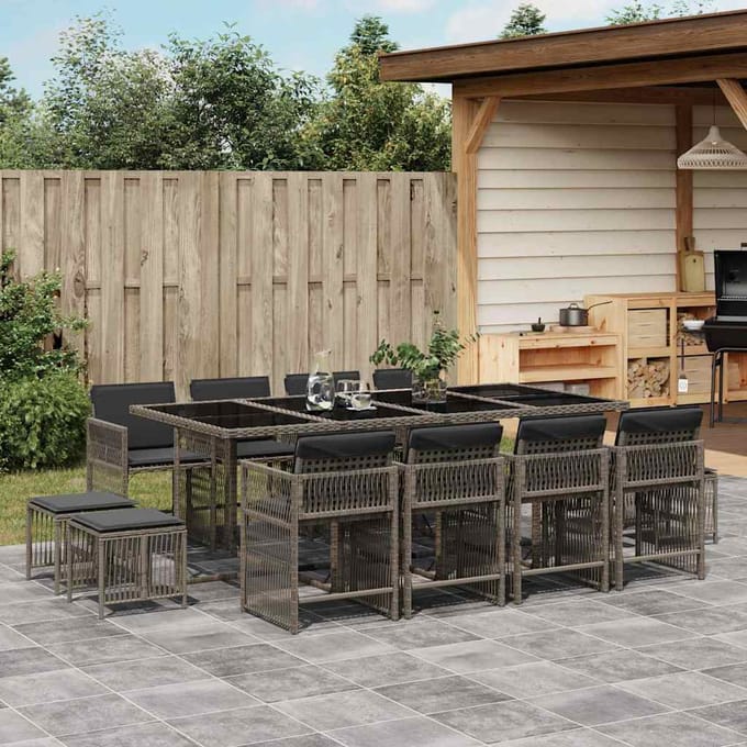 vidaXL - 13-delige - Tuinset - met - kussens - poly - rattan - grijs