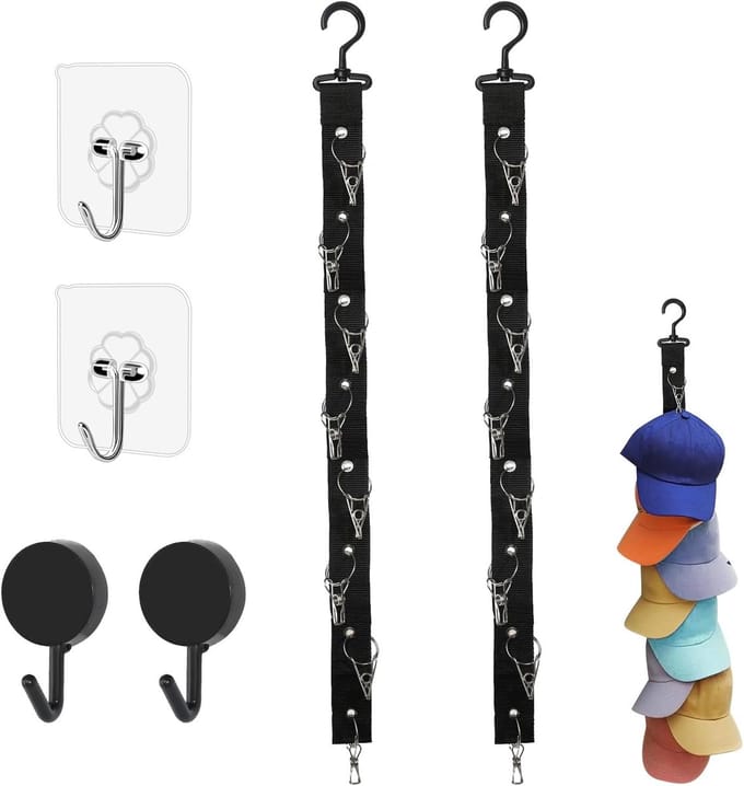 Zwarte kaphouder muur - 2 stuks - 16 clips - basecap-houder met haken
