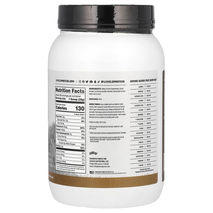 Levels, Grasgevoed Wei Eiwitpoeder, Dubbele Chocolade, 2 lb (907 gram)