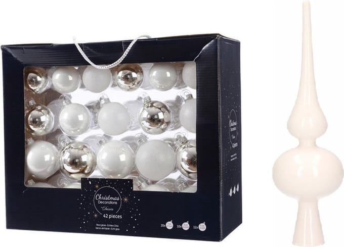 Decoris Glazen kerstballen set 42x wit zilver - 5 6 7 cm - mat glanzend glitter - inclusief glazen piek