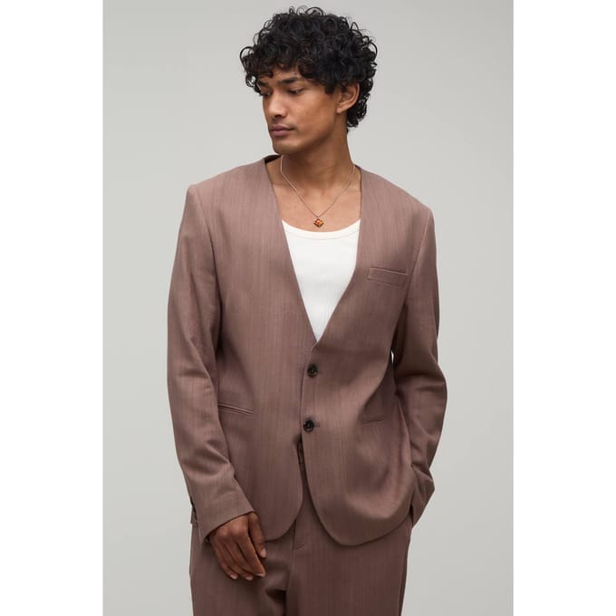 Linnen-look Relaxed Fit Blazer Zonder Kraag | Chocolate | Size 42