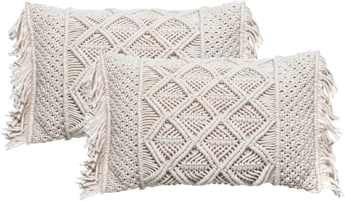 Atmosphera Sierkussen Macrame Ibiza voor binnen - 2x - ivoor wit - 30 x 50 cm - katoen/polyester