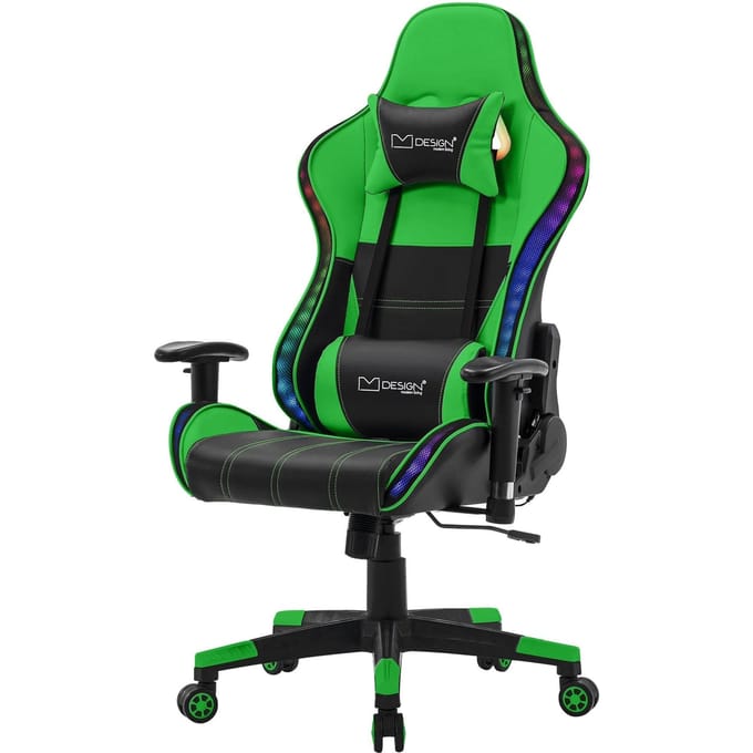 ML-Design Gaming Stoel met RGB LED-verlichting en Bluetooth Speakers, Groen, Kunstleer, Ergonomische Bureaustoel, Hoge Rugleuning, Hoofdsteun, Lendenkussen, Draaibaar Verstelbaar, Racing Gamer Chair