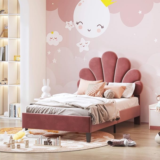 Gestoffeerd Kinderbed 90x200 cm - Meisjesbed met Lattenbodem en Fluwelen Afwerking
