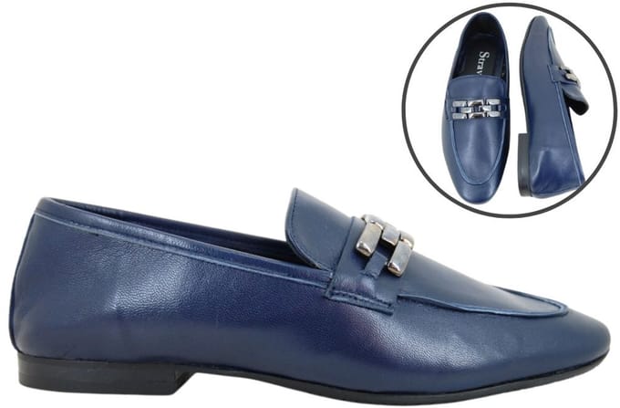 Stravers - Platte Loafers Maat 43 Leer Blauw Grote Maten Instappers Dames