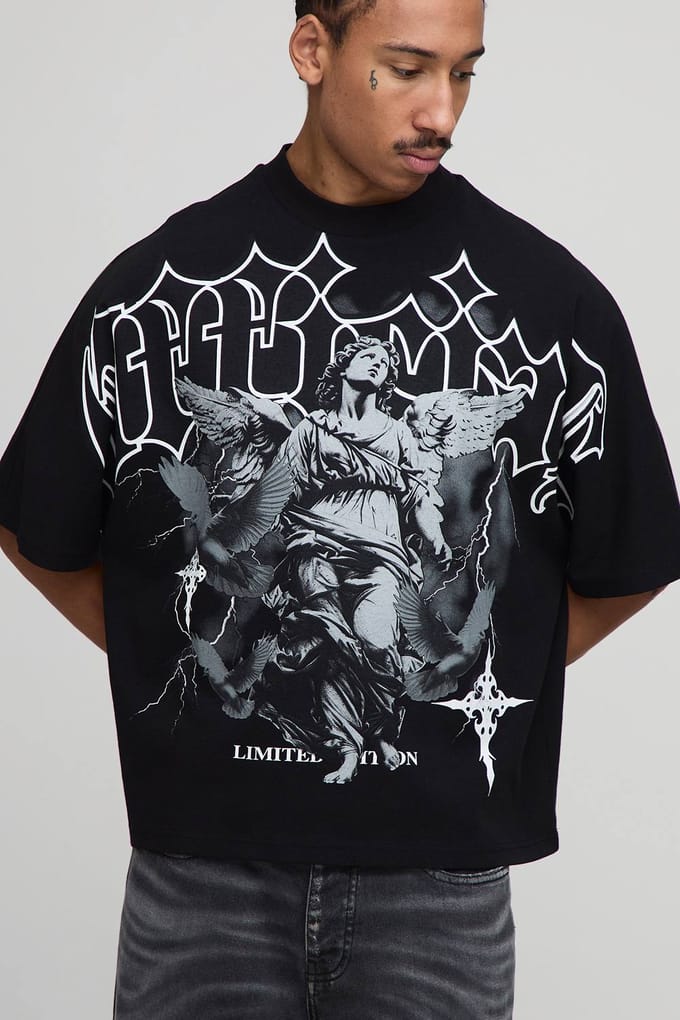 Zwarte oversized boxy heavyweight T-shirt met engelprint | Black | Size Medium