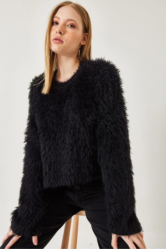 Gestructureerde Crew Neck Crop Trui met Pluche Detail