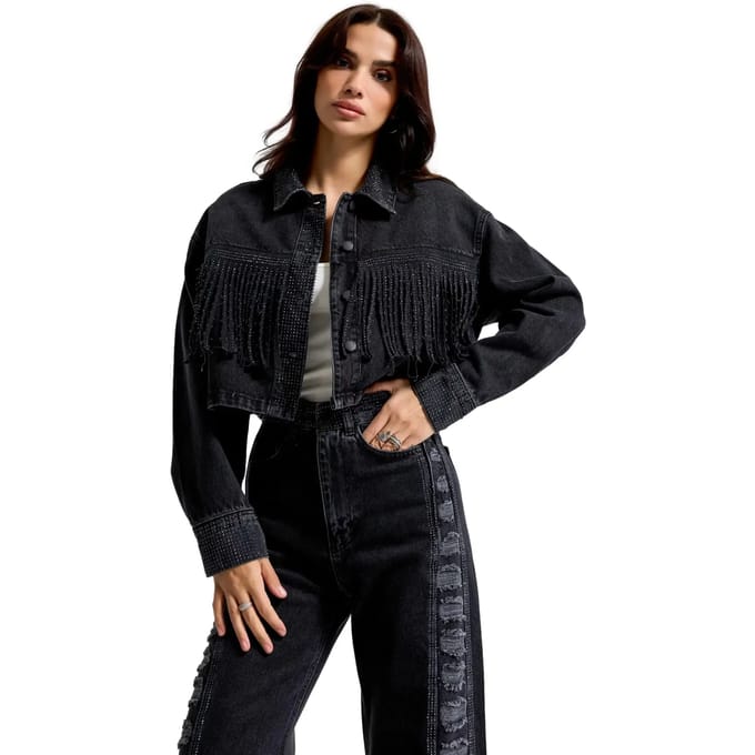 It's Basic - RHINESTONE CROPPED DENIM JACKET