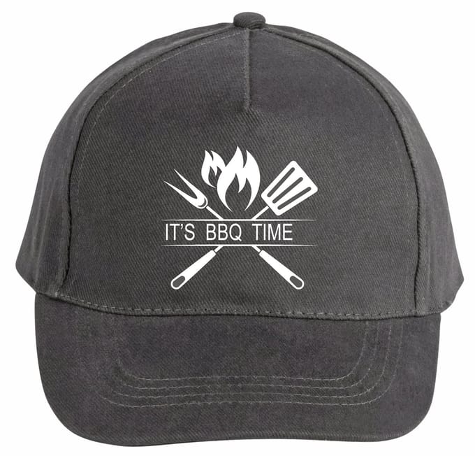 Mijncadeautje - 5 panel - BBQ Cap - Verstelbaar - Pet van 100% dik geborsteld katoen- unisex - opdruk wit - It's BBQ Time - Chique Grijs