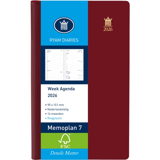 Agenda 2025 Ryam Memoplan 7 Suprema ringplasic 7dagen/2pagina's bordeaux