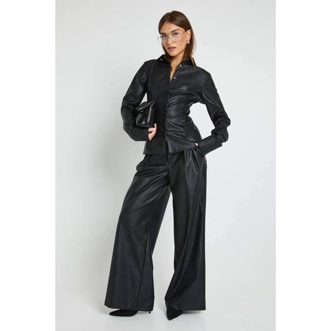 boohoo Dames Kunstleren Palazzo Broek | Black | Maat: 10
