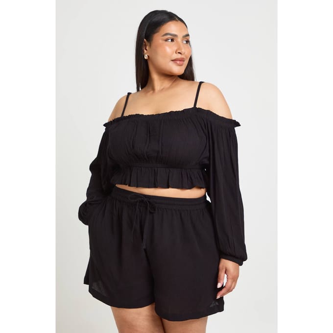 boohoo Dames Plus Getextureerde Strandshort | Zwart | Maat: 50