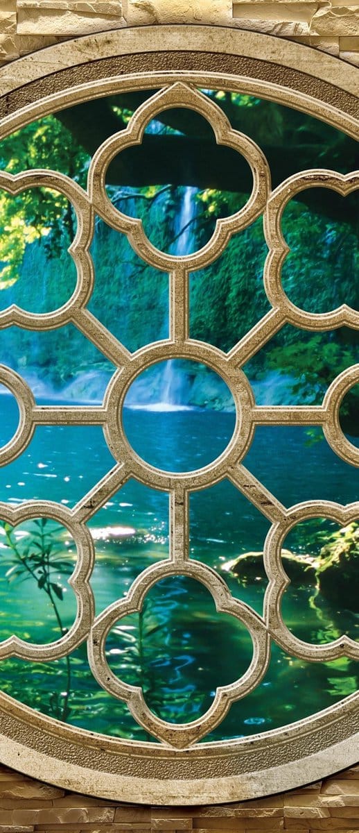Stone Wall Tropical Waterfall Lake Photo Wallcovering