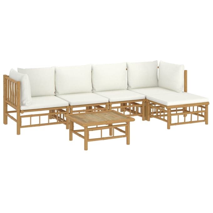 vidaXL - 6-delige - Loungeset - met - kussens - bamboe - crèmewit