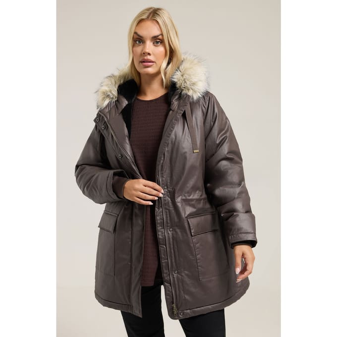Yours Bruine Gewaxte Parka Met Imitatiebontafwerking Size 48