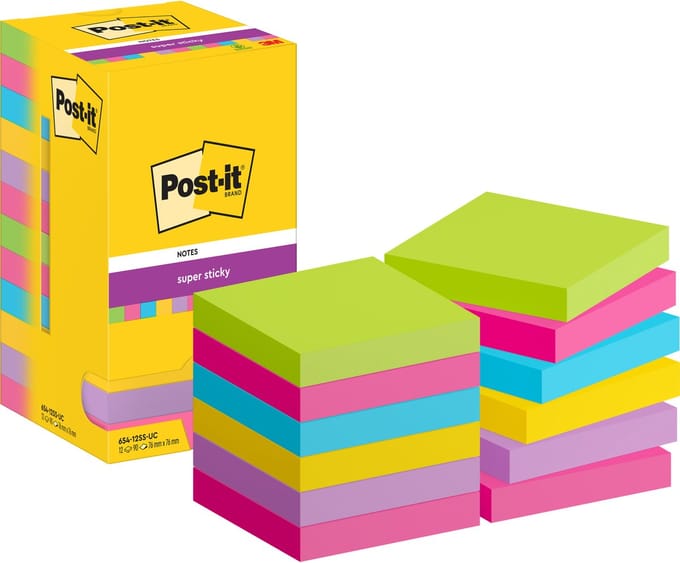 Memoblok post-it 654 super sticky 76x76mm rainbow | 12 stuks