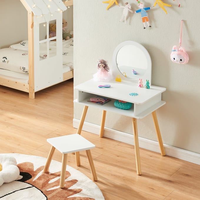 Kaptafel Ovanåker met krukje en spiegel voor kinderen naturel en wit [en.casa]