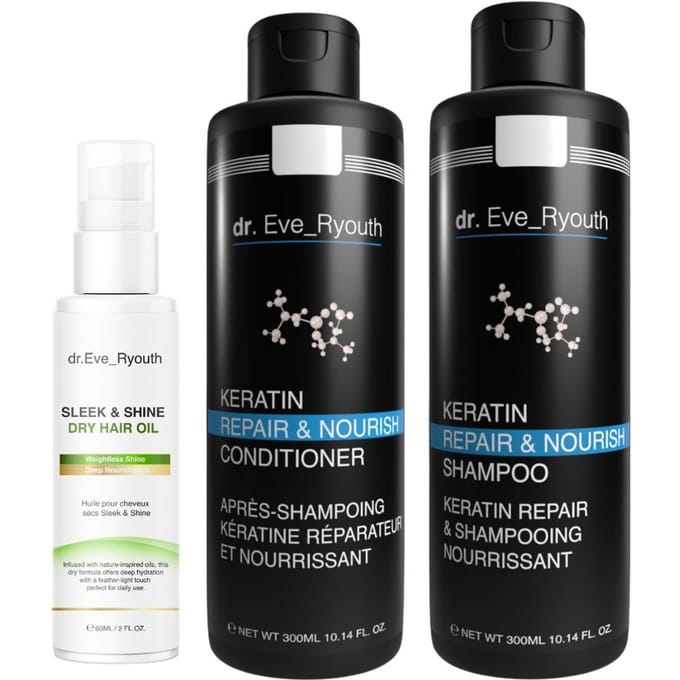 Keratine Shampoo + Conditioner 300 ml + Smooth & Shine Droge Haarolie 60 ml