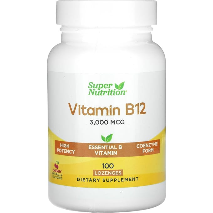 Super Nutrition, Vitamine B12, Saveur Cerise, 3 000 mcg, 100 Pastilles