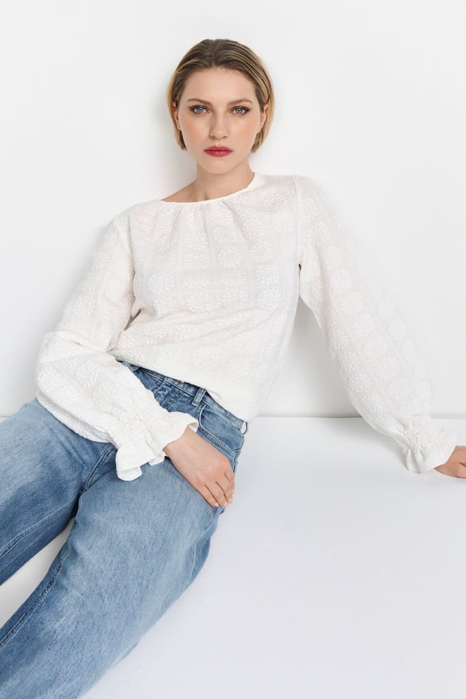 Rich & Royal Structured Flower Longsleeve Pearl White Taglia: S | Maglie a manica lunga Outlet | Donna | Bianco
